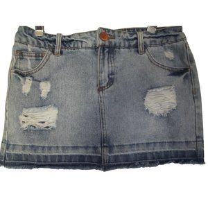 Refuge Jean Skirt Small Blue denim blue distressed mini short holes raw hem